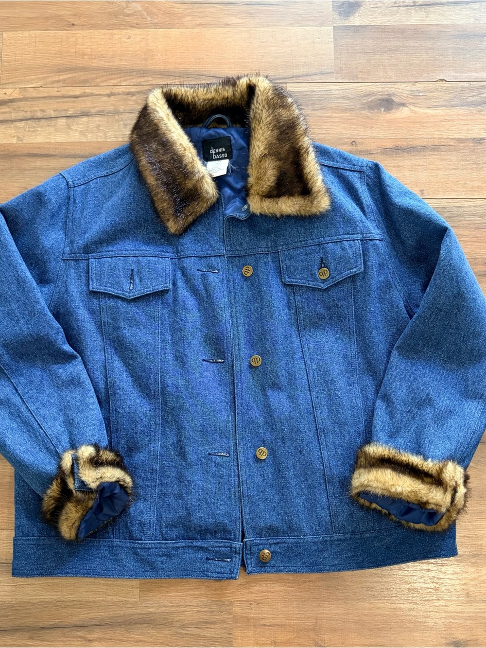dennis basso Blue Denim Jacket with Brown Faux Fur Collar & Cuffs